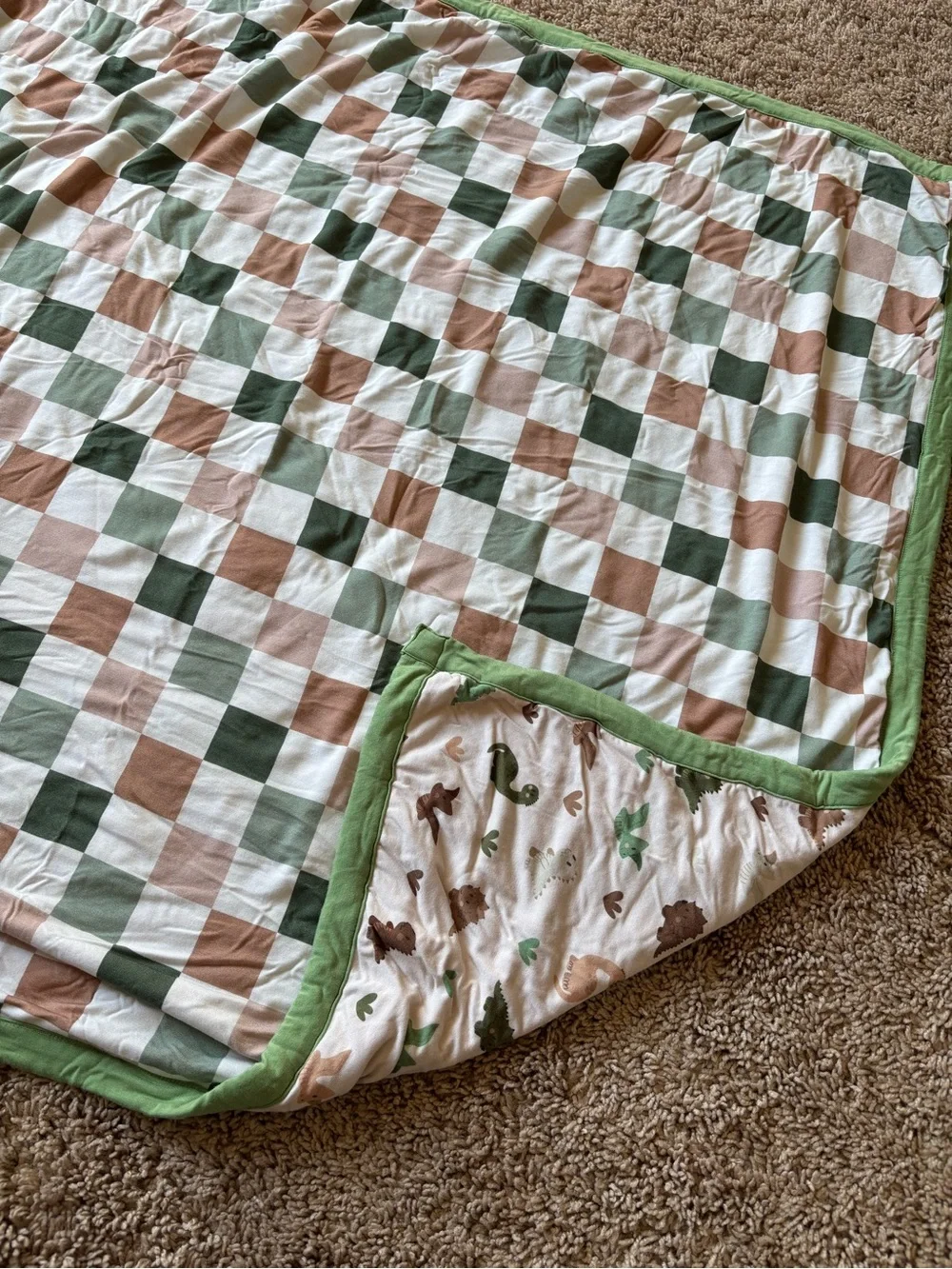 Green Trim Woodland Baby Blanket - Reversible Check & Animal Print: Posh Peanut